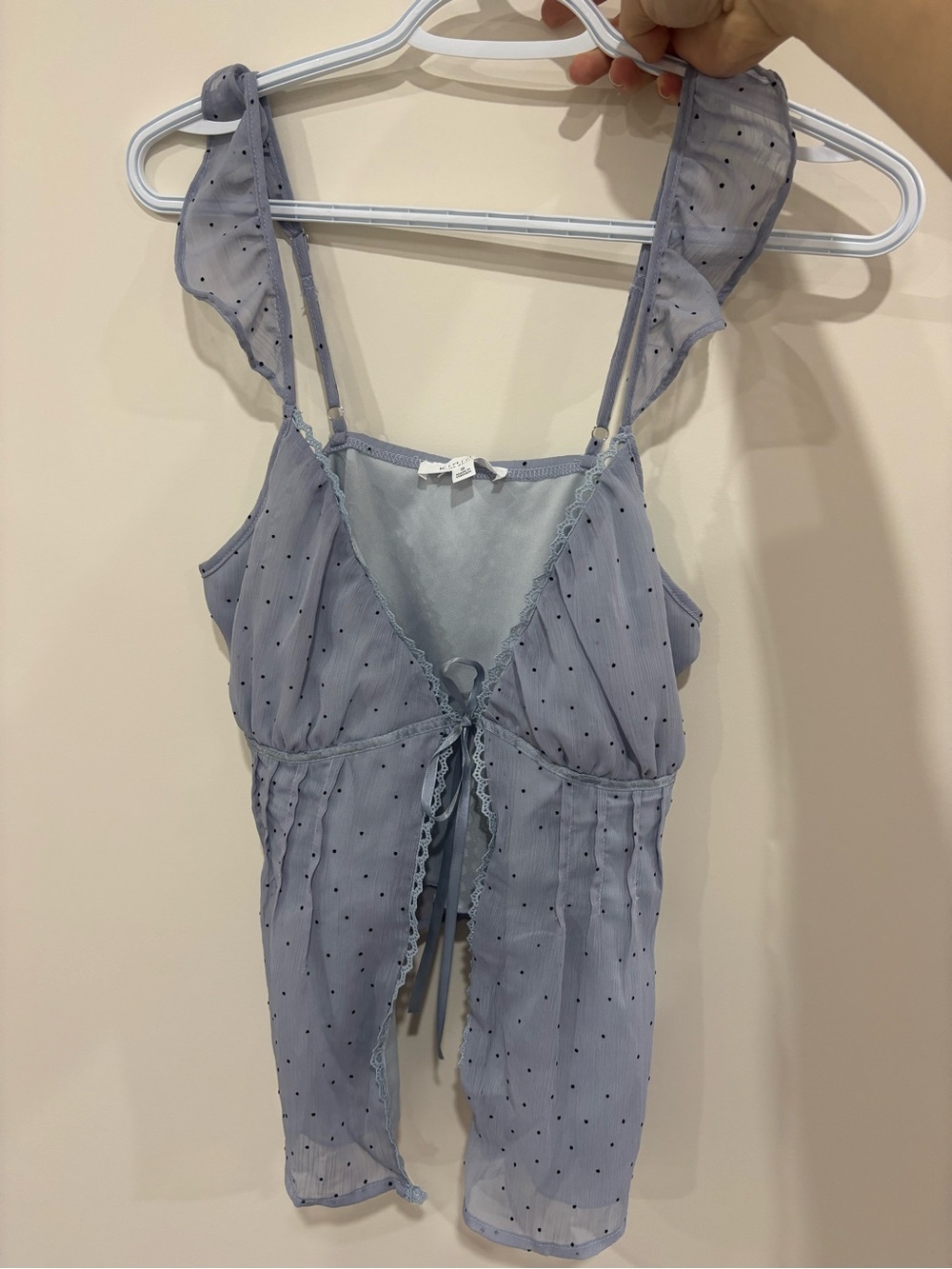 Light Periwinkle Polka-Dot Ruffle-Strap Tie-Front top